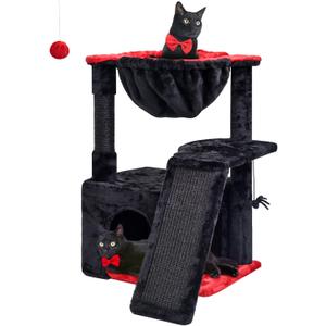 SYANDLVY Gothic Cat Tree for Indoor Cats Large Adult, Modern Activity Tower with Scratching Posts & Board, Condo with Plush Perch, Cradle & Hanging Ball & Spider for Play, Black