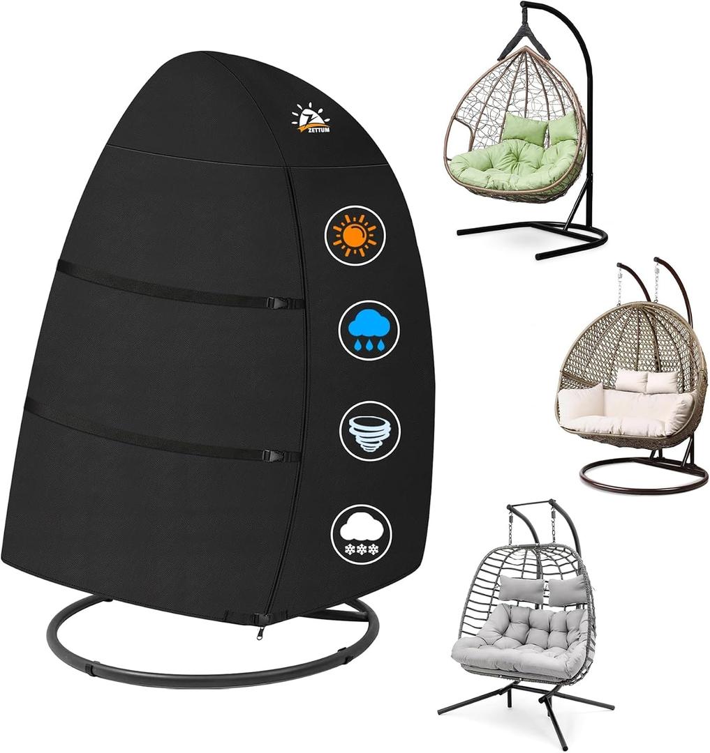 Zettum Egg Chair Cover - Double Seat Hanging Egg Chair Cover, Waterproof Outdoor Hanging Chair Covers, 600D Heavy Duty Covers for Patio Wicker Swing Chairs, 66 x 43 x 68 Inch