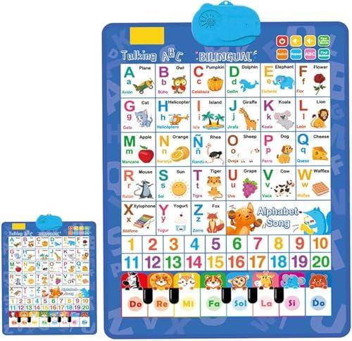 Bilingual Interactive Wall Chart for Kids  English & Spanish ABC Song Poster with Sound Effects, Alphabet, Numbers, Animal Words & Piano for Toddlers 1-6 (Blue)