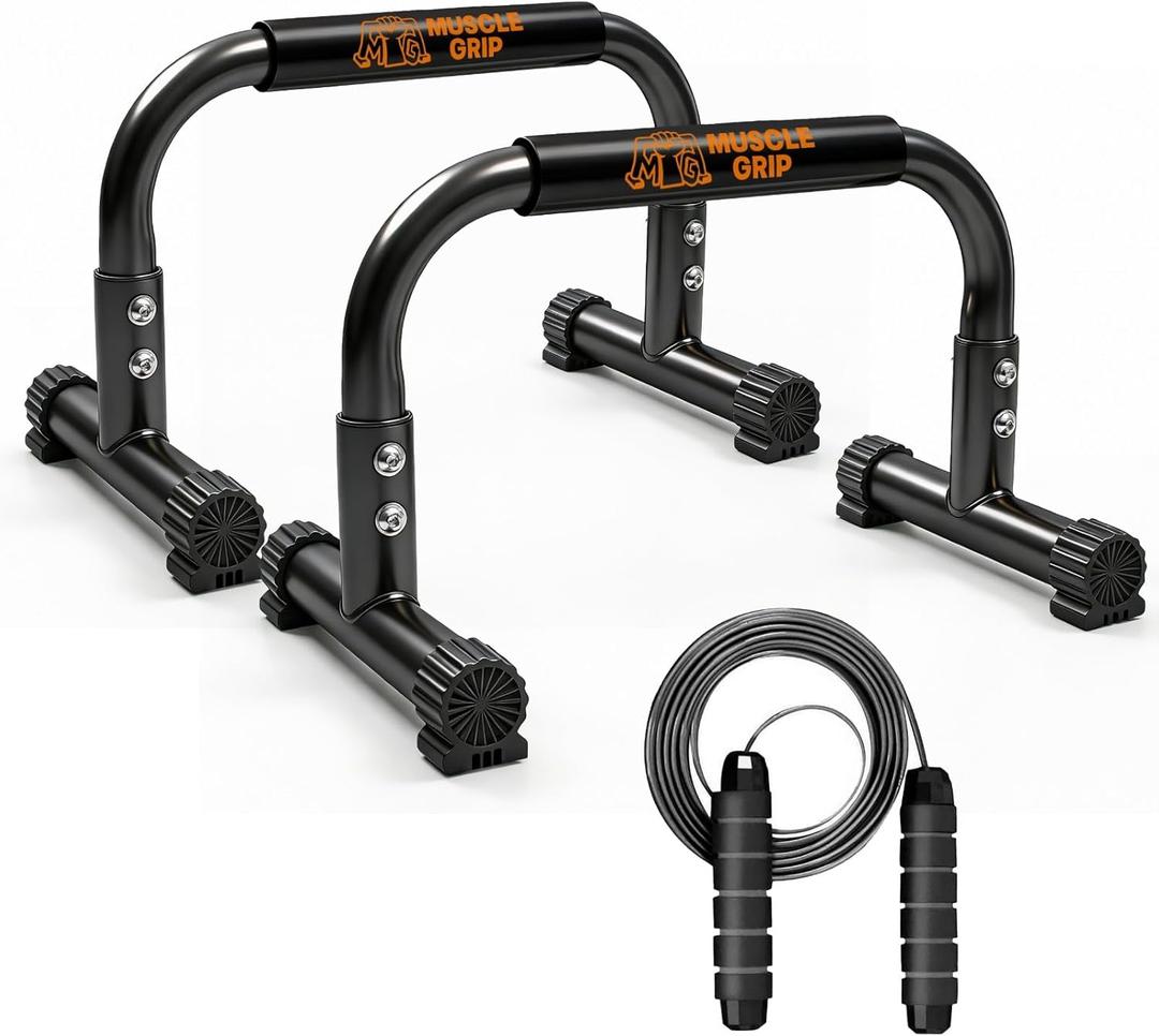 Push Up Bars Parallettes, 10 Heavy-Duty Steel Dip Bars with Non-Slip Foam Handles, Calisthenics Equipment for Handstands, L-Sit & Dips, Home Gym Workout Set with Jump Rope