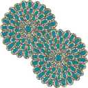 Beaded Placemats - Circle Placemat Set of 2 for Dining Table Decor - 13 Inch Fancy Gold - Teal Placemats for Thanksgiving, Boho Party, Christmas Table Centerpieces - Teal/Gold