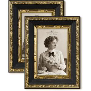 Vintage 4x6 Picture Frame, Ornate Antique Gold 4x6 Frame with Tempered Real Glass, Display 4 x 6 Photo for Tabletop or Wall mount, Retro Home Decor (Black/Gold, 2 Pack)