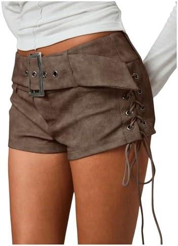 Floerns Women's Faux Leather Lace Up Side Low Rise Waist Mini Shorts Buckled Belt Western Y2k Suede Shorts, Brown, XS