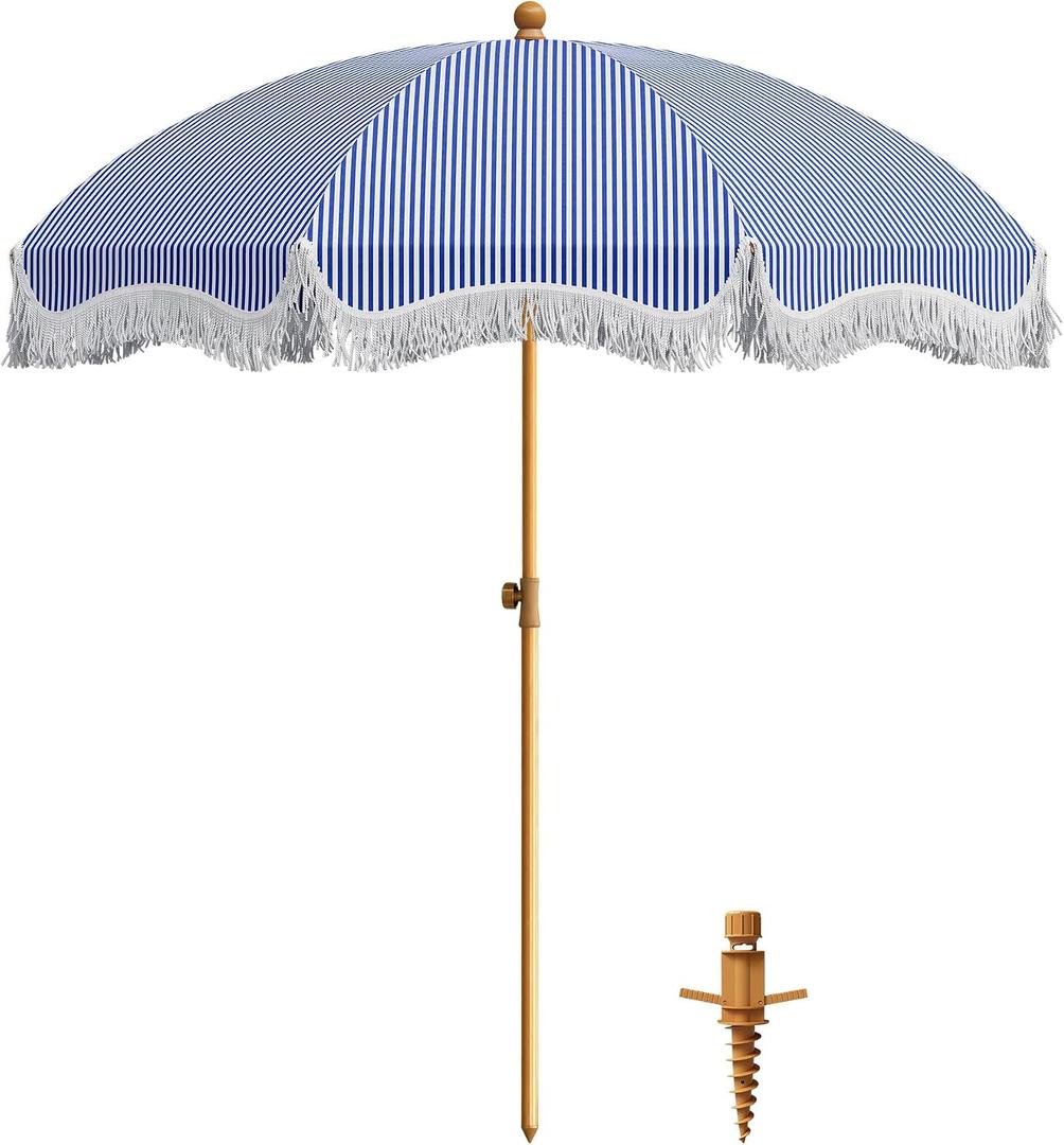PHI VILLA 7ft Beach Umbrella with Fringe & Sand Anchor, Outdoor Patio Heavy Duty Windproof Portable Tassel Umbrellas for Sand with Push Button Tilt & Carrying Bag, UPF 50+, Stripe Blue & White