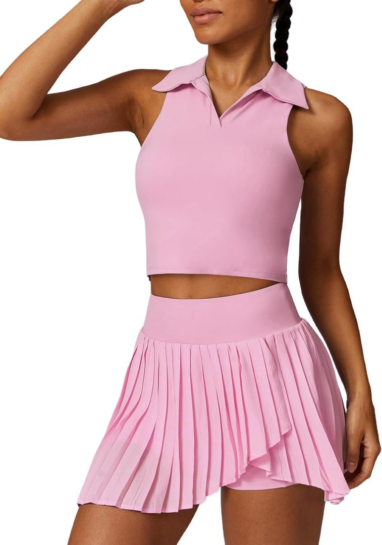 Women 2 Piece Tennis Dresses High Waisted Pleated Skirt Sets Seamless Golf Outfits Sleeveless Racerback Padded Crop Top (Medium, Pink)