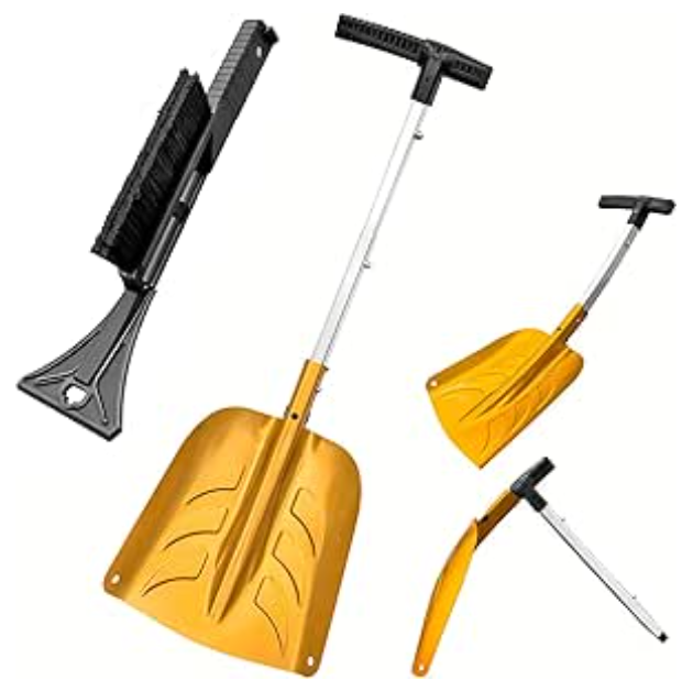ARTIPOLY Snow Shovel with Ice Scraper & Brush, 1730'' Extendable with Lightweight Aluminum Handle, 3in1 Folding Collapsible Winter Shovel Snow Removal for Camping Car Emergency Outdoors Home Yellow