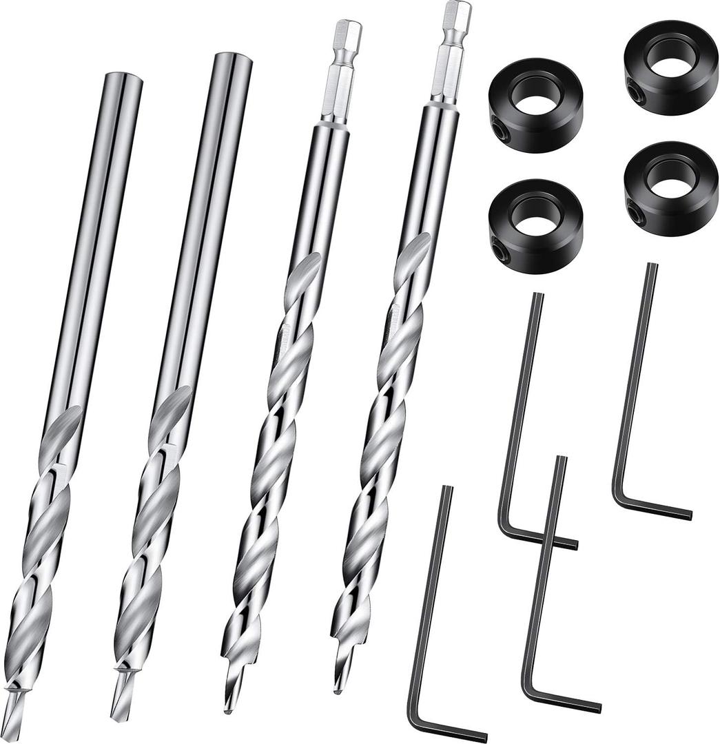 4 Pieces 3/8 Inch Pocket Hole Drill Bit with Depth Stop Collar 1/4 Hex Shank and Round Shank Replacement Twist Step Drills for Manual Pocket Hole Guide Jig Master System (6.3 Inch Length)