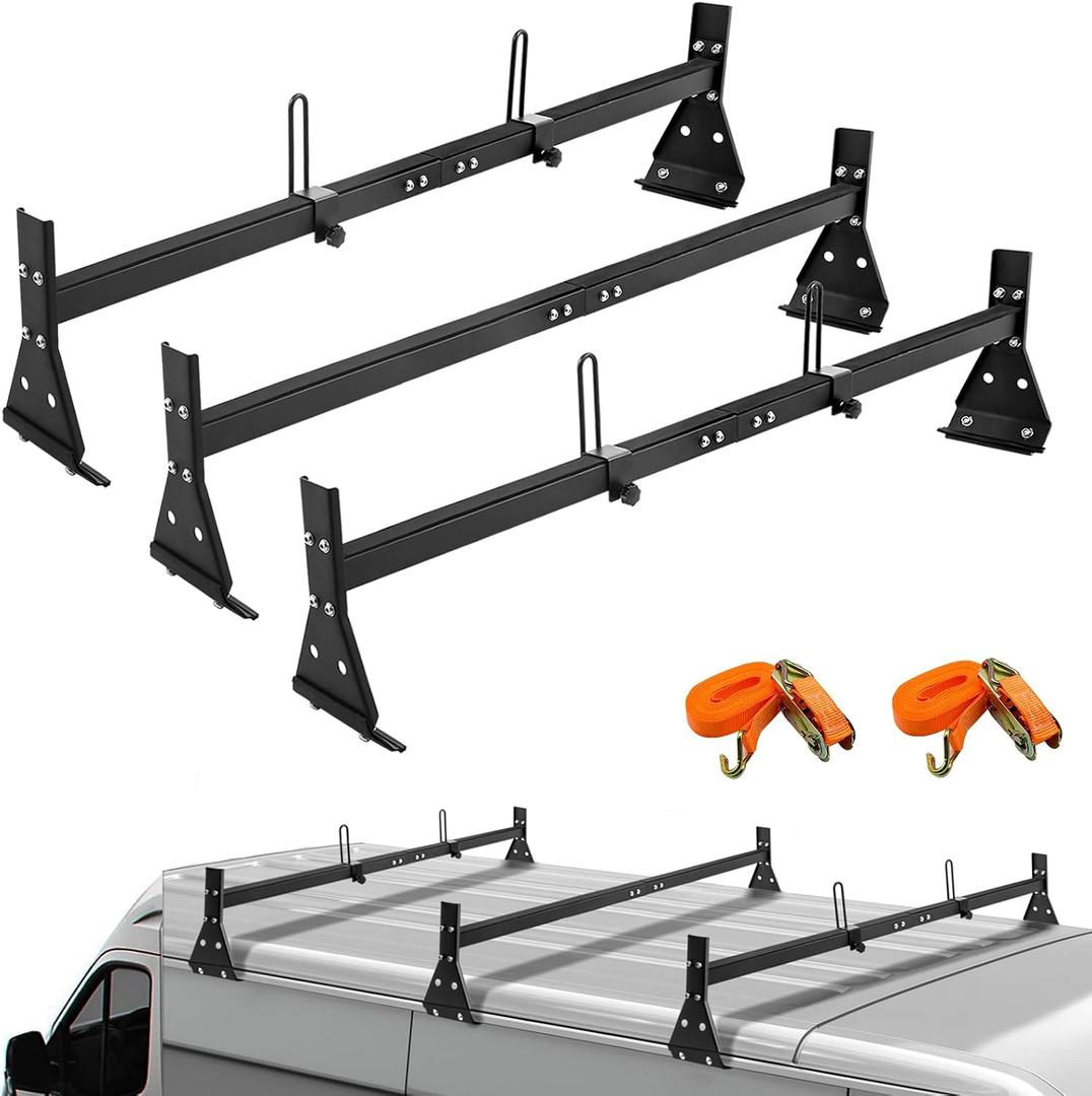 CIRONBOW Universal Roof Ladder Rack for Van, Roof Rack for Minivan/ Panel Van, Adjustable Length 57''-65'', 3 Bars-Fit Chevy Express Vans1996-Up, 800LB Load-Capacity, Gutter Clamp Type, Matte Coating Black