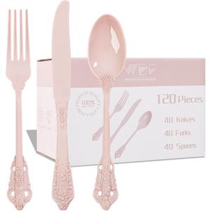 WDF 120 Pieces Heavy Duty Pink Plastic Silverware - Pink Plastic Cutlery Set - Disposable Pink Utensils - Disposable Flatware Includes 40 Forks, 40 Spoons, 40 Knives for Party, Wedding