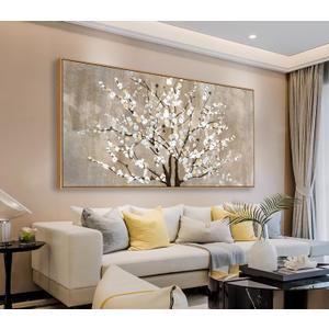 Framed Canvas Wall Art Plum Blossom Flowers Canvas Pictures for Living Room Bedroom Wall Decor Brown Abstract Floral Canvas Art Prints Artwork Home Office Wall Decorations Natural Wood Frame 20" x 40"