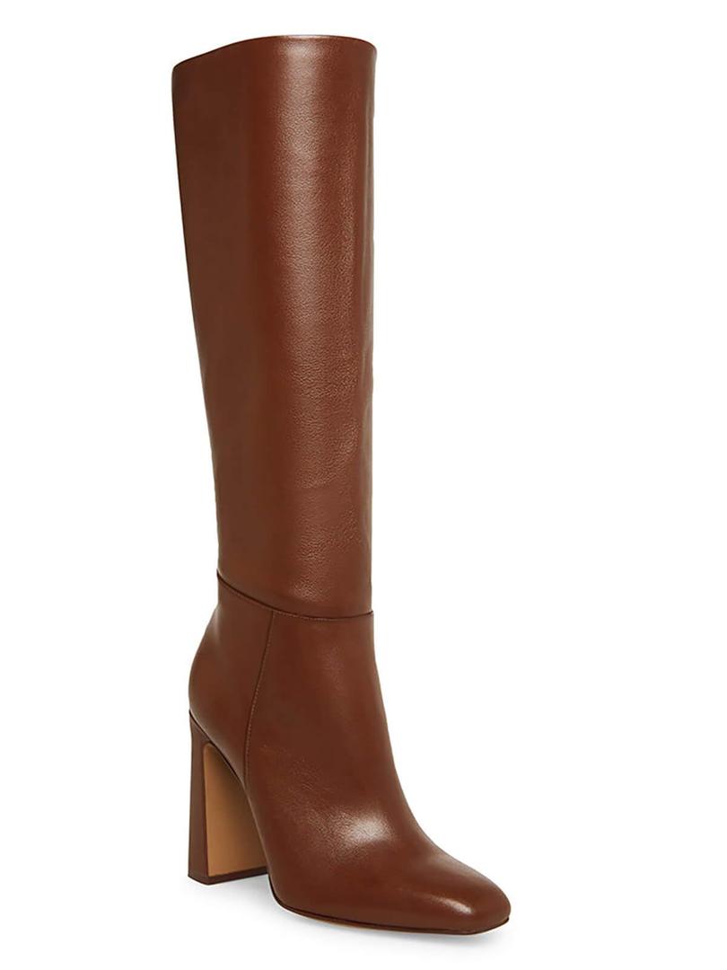 Coutgo Women's Chunky Heeled Knee High Boots Classic Square Toe Zippered Leather Tall Boot, Dark Brown, Size 9.5