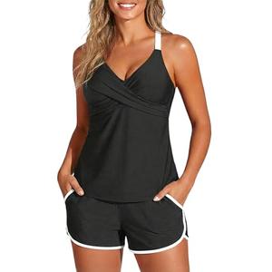 Aqua Eve Womens Tankini with Shorts - Two Piece Tummy Control Swimsuit Cross Back Bathing Suit with Pockets 2025 Athletic Swimwear Black and White X-Large