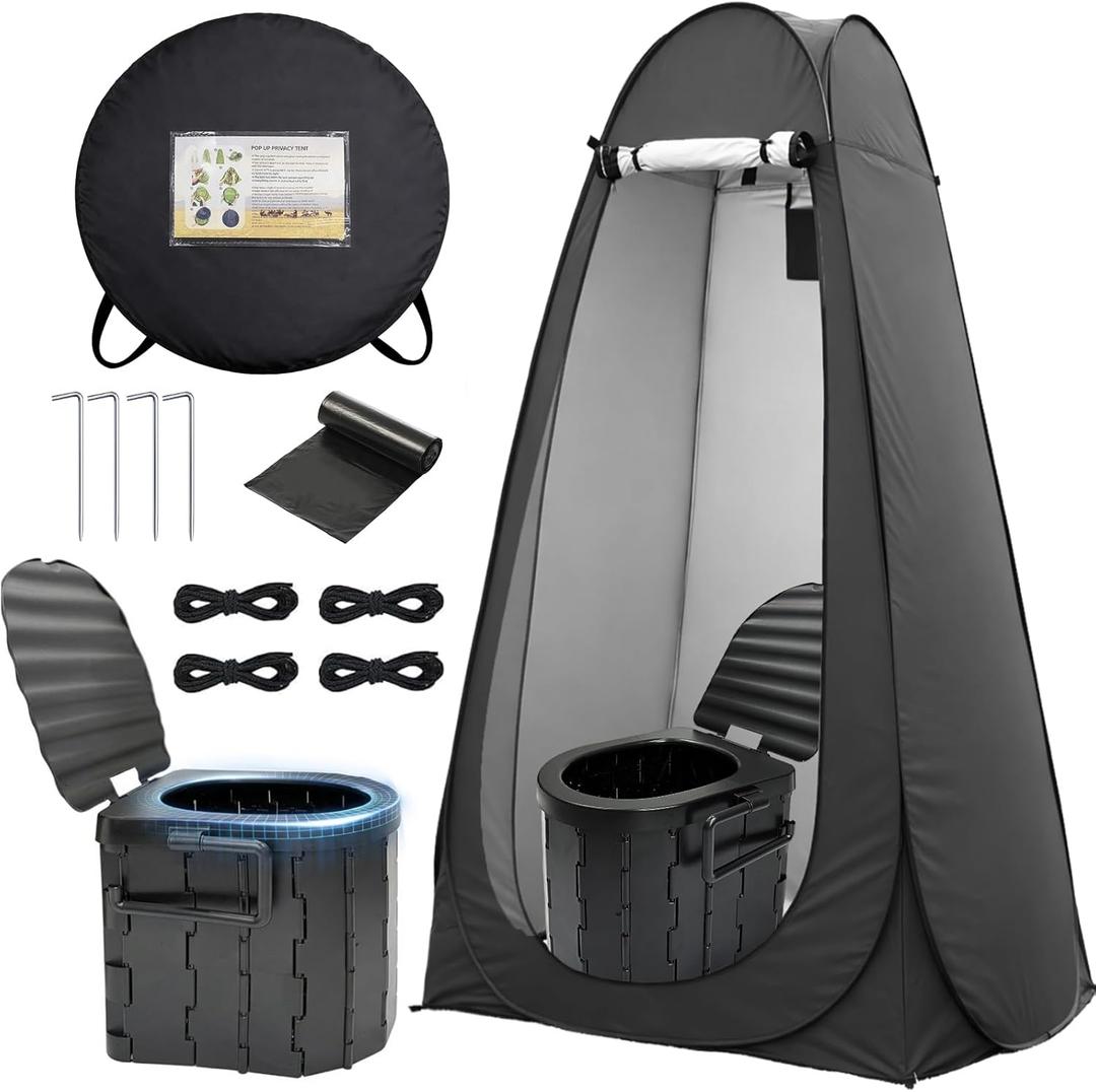 Portable Camping Toilet with Privacy Tent - Foldable Toilet Set for Adults and Elderly - Pop Up Outdoor Restroom for Travel (Black Tent with Toilet)
