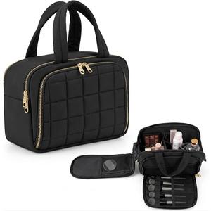 Huhumy Travel Toiletry Bag, Puffy Checkered Makeup Bag for Women, Large Quilted Wide-open Lightweight Cosmetic Organizer with Handle for Accessories, Essentials, Toiletries (Black)