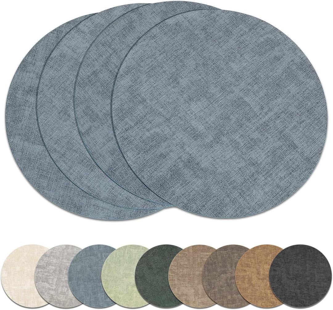 13" Round Placemats Set of 4, Reversible Faux Leather Wipeable Table Mats | 2mm Vinyl Heat Resistant, Waterproof Oilproof Scratch Proof Non-Slip, Washable for Kitchen Dining Indoor Outdoor (Light Blue)