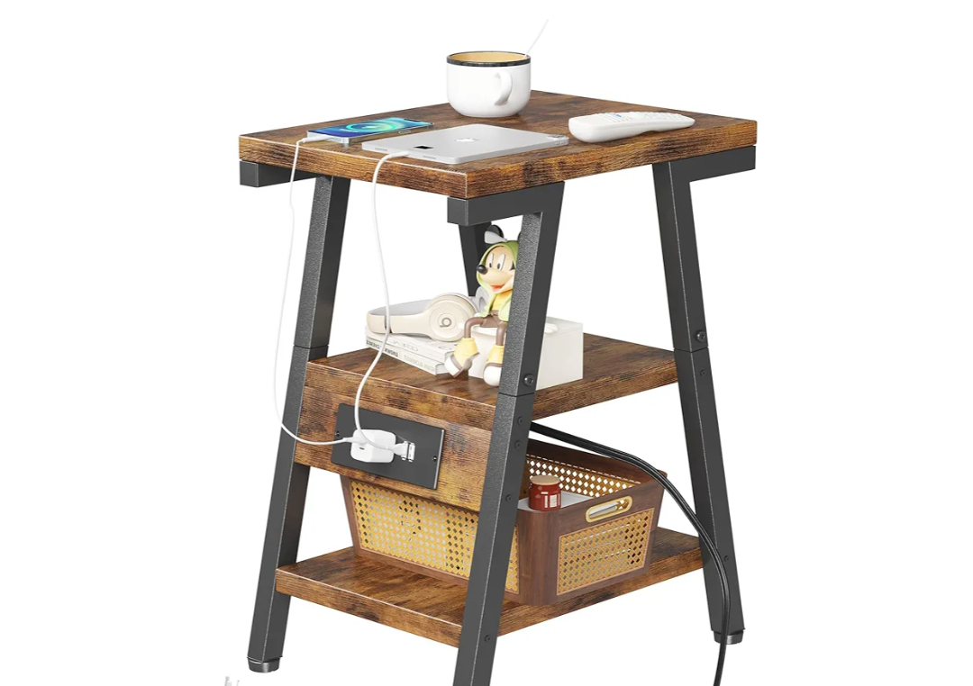 End Table with Charging Station, Small Side Tables with Lucky 7 Metal Shape, 3-Tier Nightstand with Outlets and USB Ports, Adjustable Leveling Feet, side Table for Living Room, Bedroom (Rustic Brown)