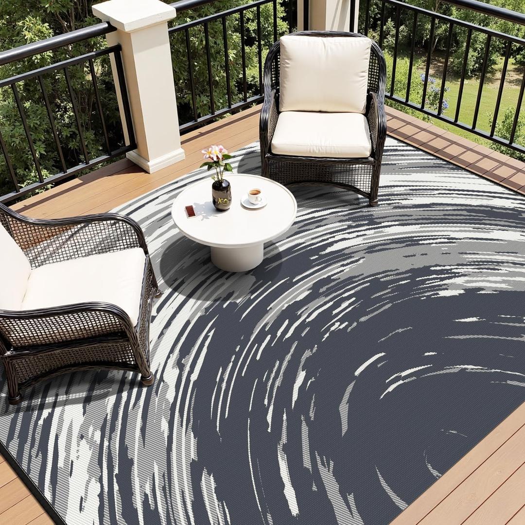 COCOER Modern Outdoor Rug 9x12 Reversible-Waterproof Outdoor Patio Rug-Quick Dry Outdoor Area Rugs Indoor Outdoor Rugs-Outside Rug Patio Decor for Porch Deck Balcony Backyard (Black)