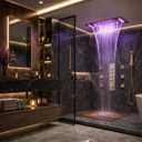 MONDAWE 23-Inch 64-Color LED Music Thermostatic Shower Jet System Set, Ceiling Mount Waterfall Rainfall Luxury Rain Shower Head System with Handheld, Gold