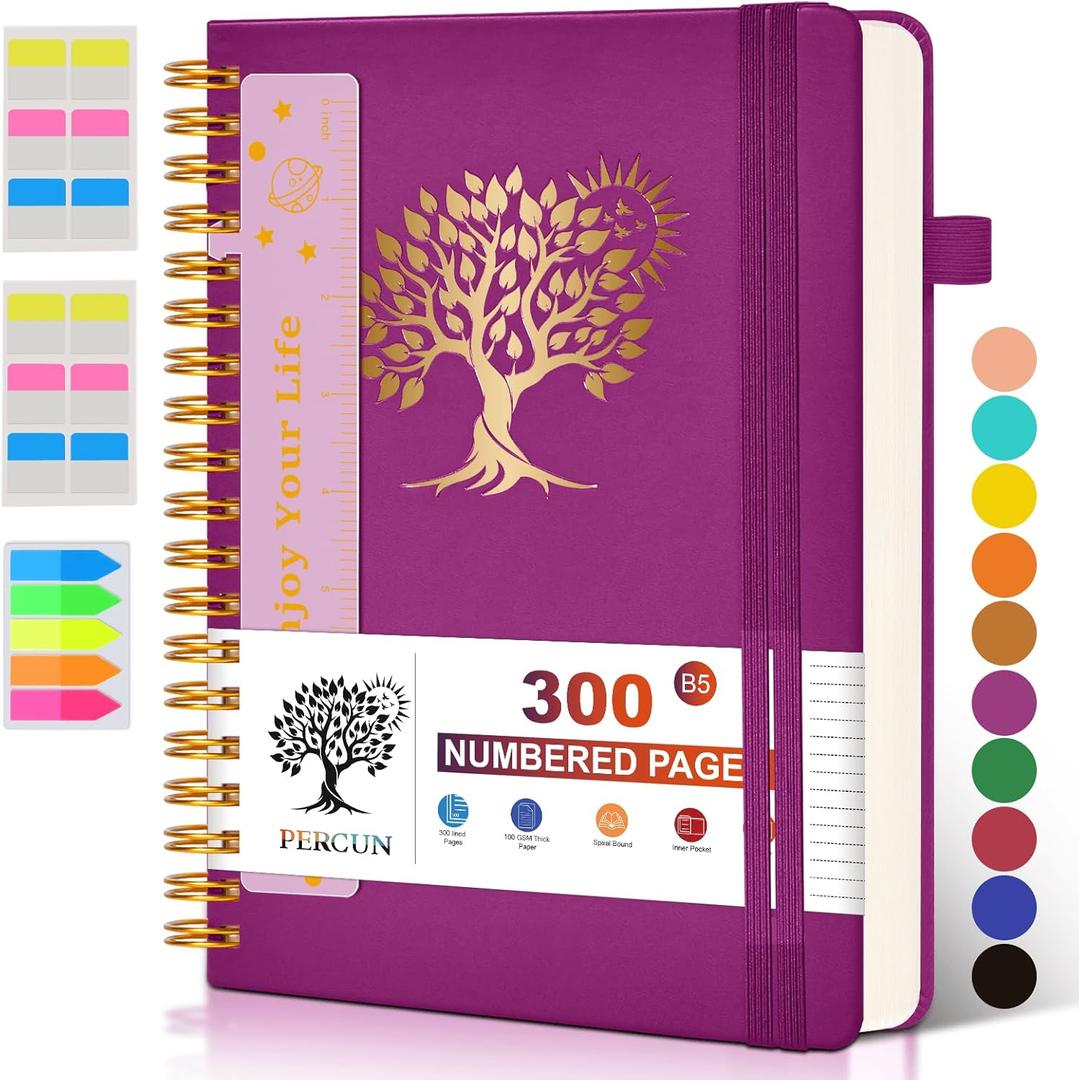Large Spiral Notebook Journal for Women Men - 300 Numbered Lined Pages, College Ruled,B5 Hardcover Spiral Bound Notebook for School, Work, Note Taking, Writing, Leather Spiral Journal 7"x10" (Purple)