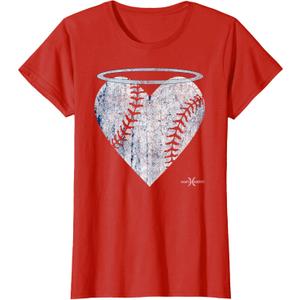 Vintage Angel Baseball Heart with Halo T-Shirt (X-Small, Red)