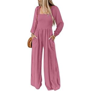 Dokotoo Women's Casual Loose Overalls Jumpsuits One Piece Long Sleeve Wide Leg Long Pant Rompers With Pockets XL