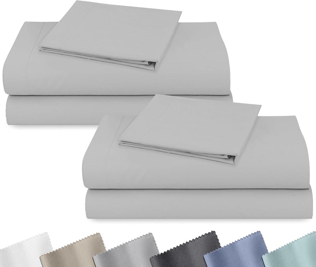 2-Pack Soft Natural 100% Cotton Sateen Twin Bedsheets Sets, Light Grey