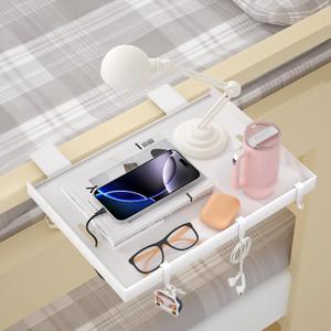 Foldable Bedside Shelf, Metal Clip-On Bed Tray Table for Bunk Bed & Dorm Beds, Dorm Room Essentials Organizer for College Students, Floating Tray, Space Saving Nightstand for Loft Beds (White, Small)