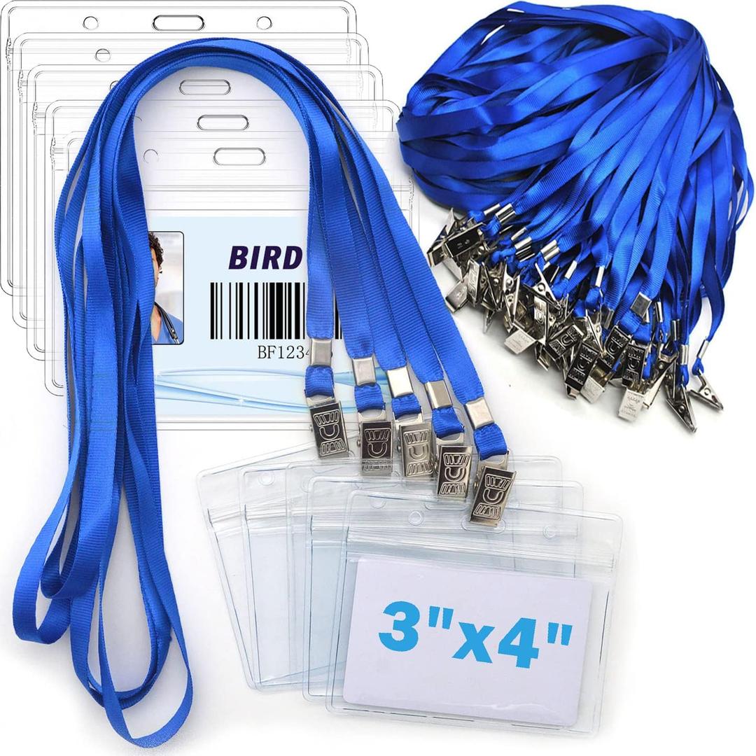4x3 Name Tags Badge Holder with Lanyard 50 Pack Waterproof Horizontal ID Badge Holder and 50 Pcs Lanyards Nametag for Conferences, Events, and Meetings (Blue, 4 x 3 inches)