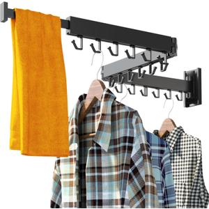 HEILAIYI Clothes Drying Rack for Laundry, Wall Mounted Clothes Hanger Rack, Folding, Retractable, Collapsible (J-Shape Hooks)