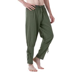 JEMITOP Men's Pure Cotton Vintage Ankle Banded Pants for Renaissance Pirate Viking Medieval Costume (Large, Army Green)
