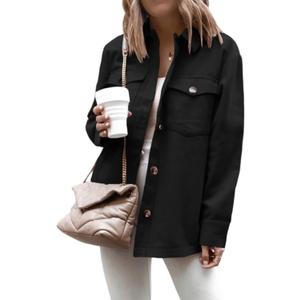 Cnkwei Shacket Jacket Women Button Down Shirt Jacket Casual Long Sleeve Shacket with Pockets (Black, L)