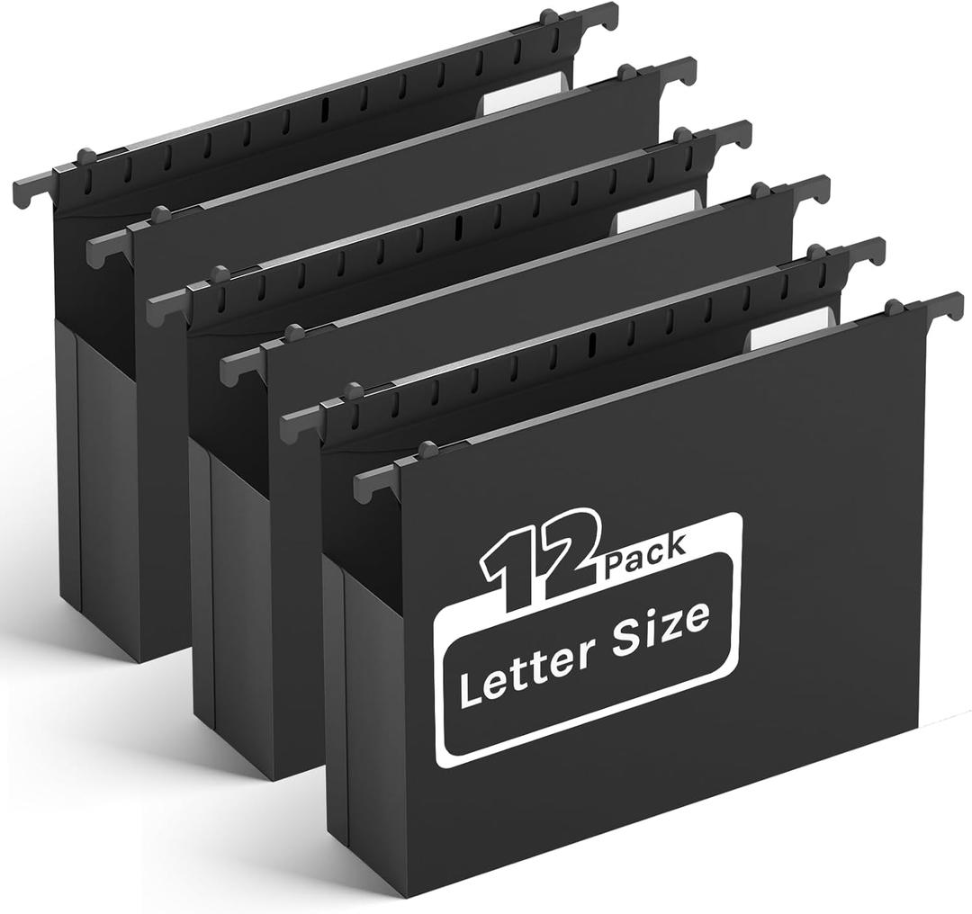 Plastic Hanging File Folders Letter Size,Heavy Duty 2" Expandable File Folder with Tabs,12 Pack Reinforced Expanding Hanging Folder,File Cabinet Folder,Extra Capacity Hanging Organizer for Home Office (Black)