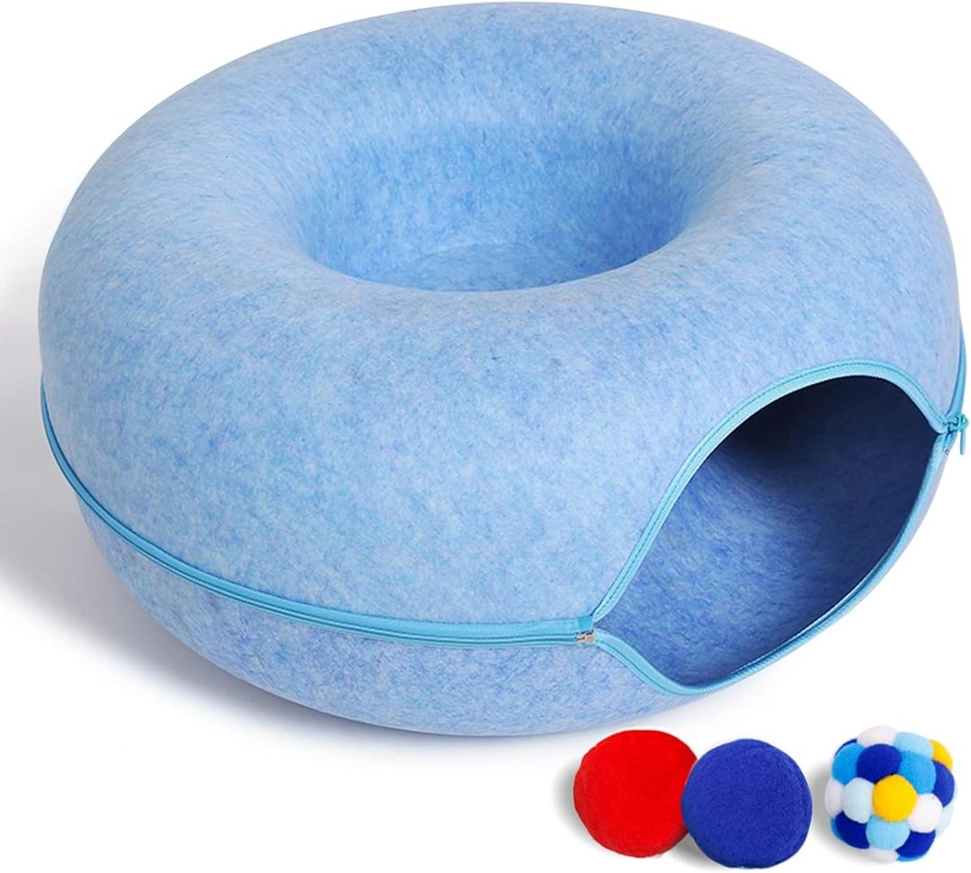 Large Cat Tunnel Bed for Indoor Cats with 3 Toys, Scratch Resistant Donut Cat Bed, Up to 30 Lbs (L 24x24x11, Blue)