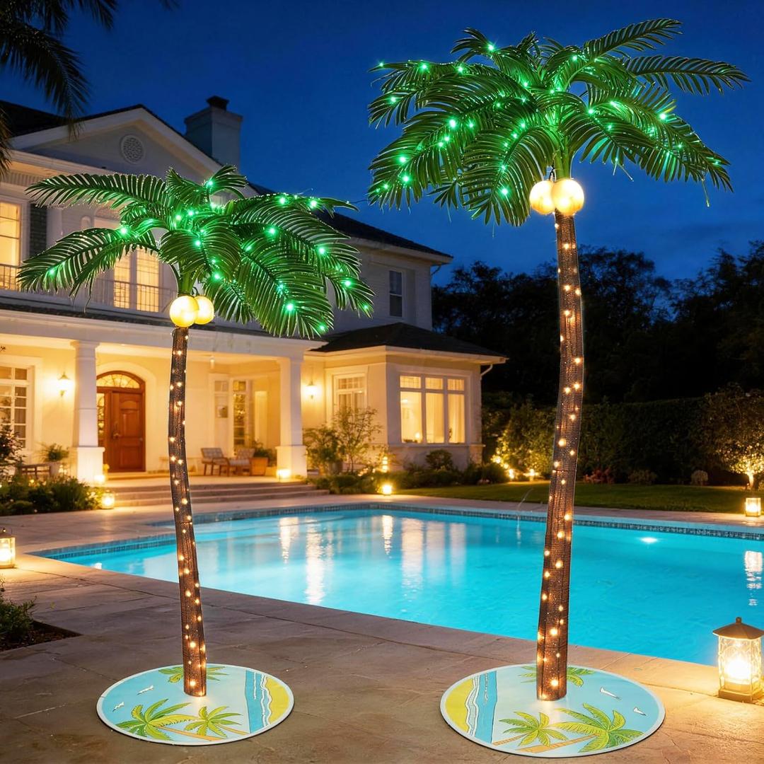 5ft&7ft Lighted Palm with Tree Skirt Set - 76&116 LED Lights with 14&16 Twinkling Lights & Glowing Coconuts, Tropical Decor for Indoor Outdoor Patio Garden Party