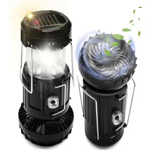 2-Pack Solar Camping Fan w/ Lantern, DIBMS Collapsible Solar Powered USB Rechargeable & Battery Powered Emergency Hanging Lights for Camping Tent Hurricanes Power Outages Storm Indoor Outdoor