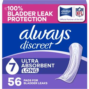 Always Discreet Incontinence Pads for Women, 7-Drop, 56 Count