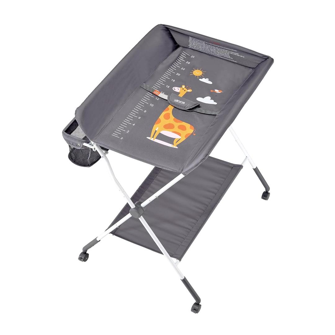 VEVOR Baby Changing Table, Foldable Diaper Change Station with Side Basket, Adjustable Height Changing Table with Lockable Wheels, Multi-Functional Nursery Storage Organizer, Dark Gray