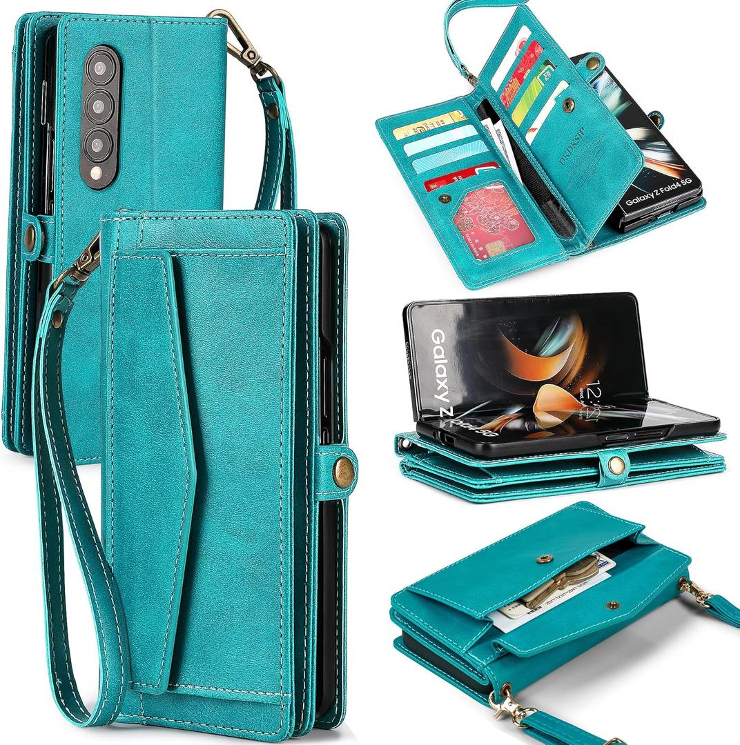 for Samsung Galaxy Z Fold 3 Wallet Case for Women with S Pen Holder, RFID Blocking Card Holder, PU Leather Flip Phone Case with Crossbody Strap Wristlet Kickstand for Galaxy Z Fold 3, Blue