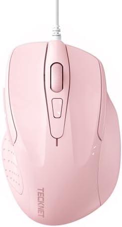 TECKNET Wired Mouse, 6-Button Corded with 4 Adjustable DPI, Optical Ergonomic Design, 5FT Cord for Laptop, Chromebook, PC, Desktop, Mac, Notebook - Pink