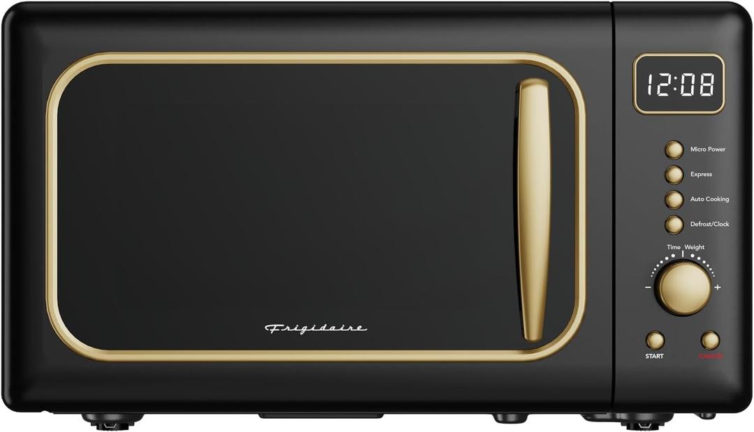 Frigidaire, 0.7 Cu. Ft. Retro Countertop Microwave Oven, 700W Compact Microwave with 8 Auto Cook Menus, Auto Defrost, 5 Power Levels, LED Display, Glass Turntable, Black Gold