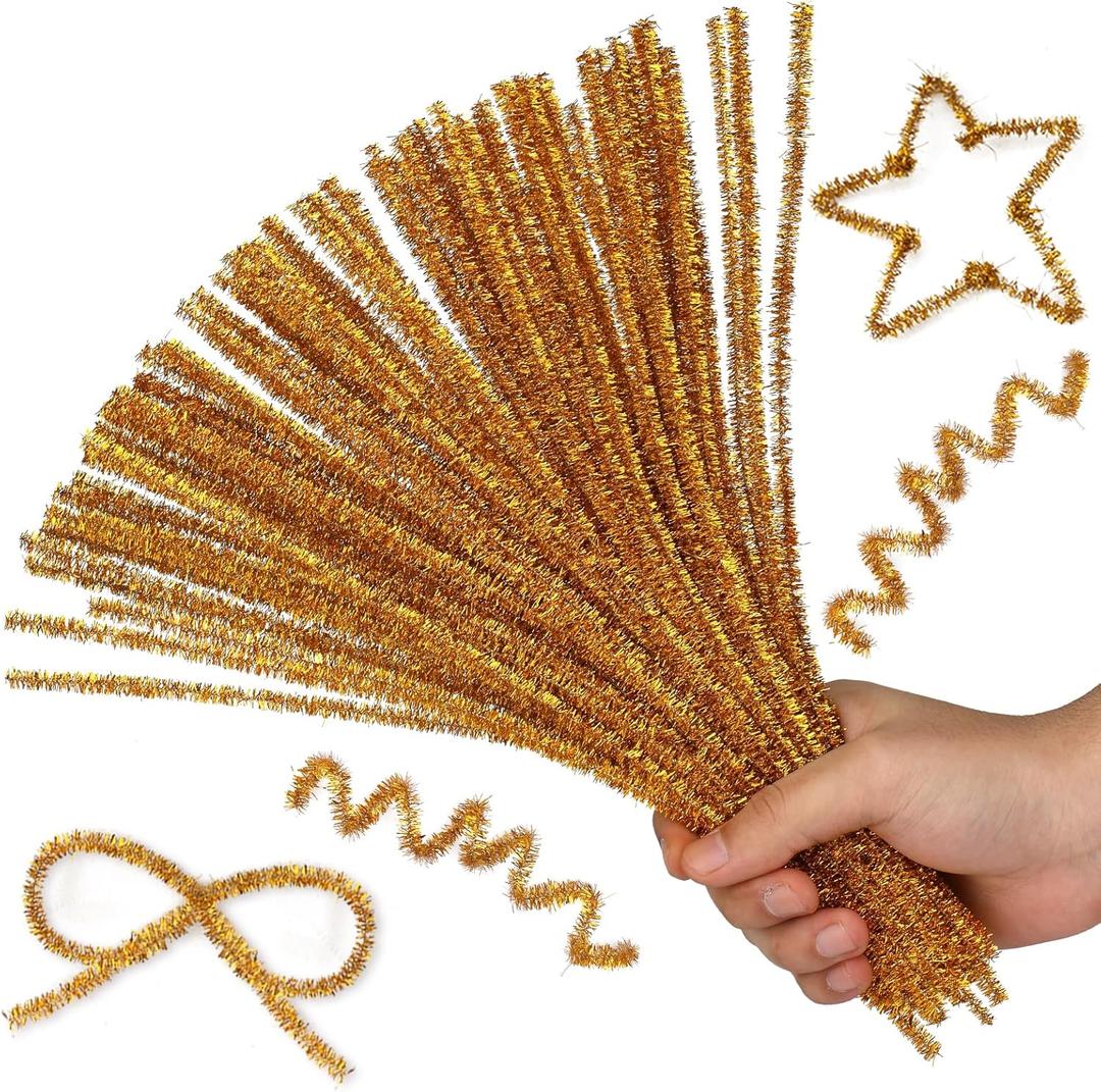 Hssugi Gold Pipe Cleaners, 100PCS Pipe Cleaners Craft Supplies, Glitter Golden Pipe Cleaners Bulk Fuzzy Sticks for DIY Art and Craft Projects Home Decoration