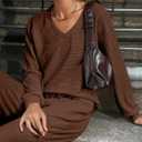 Amoretu Women's 2 Piece Set Fall Outfits Lounge Set V Neck Wide Leg Pants Matching Sets, for Work and Casual with Pockets (Brown, L)