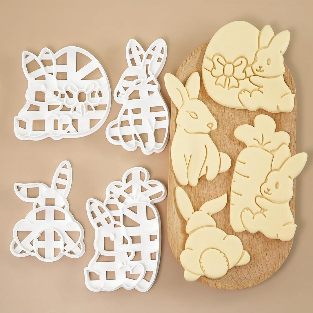 4pcs Large Easter Bunny Cookie Cutters, Easy-Press 3D Rabbit Molds, Raised Cookie Stamps for Holiday Baking, DIY Crafts & Decorating Fun (Bunny)
