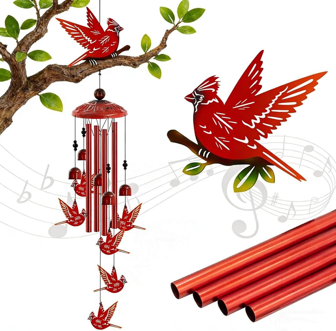 Cardinal Wind Chimes for Outside, Cardinals Gifts for Women,Memorial/Birthday Gifts for Grandma Mom, Metal Red Bird Windchimes with Soothing Tones, Christmas Outdoor Decor for Garden Patio Yard (35")