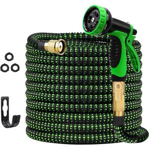 100 FT Expandable Garden Hose Water Hose with 10-Function High-Pressure Spray Nozzle, Heavy Duty Flexible Hose, 3/4" Solid Brass Fitting