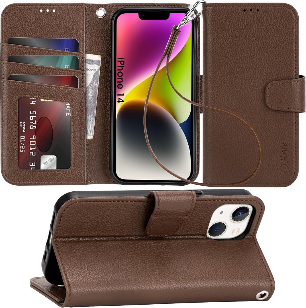 Arae Compatible with iPhone 14 Case with Card Holder and Wrist Strap Wallet Flip Cover for iPhone 14 6.1 inch Men/Women, Kickstand, Wristlet, RFID Blocking,Litchi Black