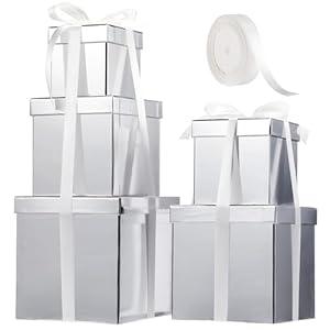 Cholemy 5 Pcs Square Nesting Boxes Decorative Gift Boxes with Lid and Ribbon Assorted Sizes Wrap for Wedding, Anniversary, Birthday, Bridal Shower, Graduation Party(Silver, Cardboard)