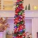 SINTENILL 5 FT Pop Up Christmas Tree with Timer Lights and Decorations, Red Green Tinsel Christmas Tree with 24 Ball Ornaments, Pencil Tree Collapsible Christmas Tree for Home, Apartment, Office
