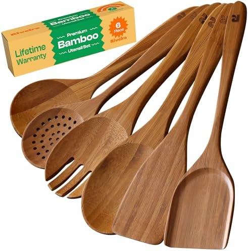 Riveira Brown Bamboo Wooden Cooking Utensils Set of 6 Premium Quality, Non-Toxic, Heat-Resistant Wooden Spoons and Spatula for All Cookware, Set of 2
