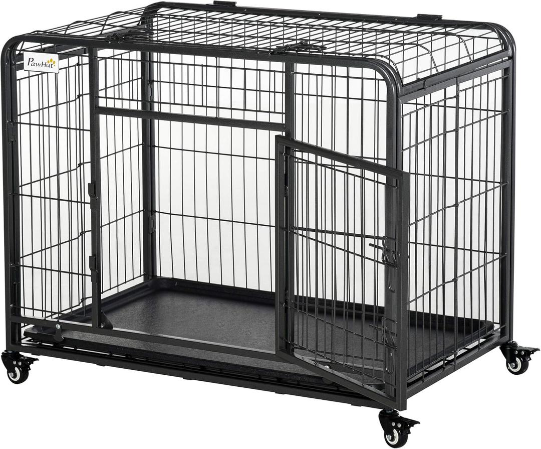 PawHut Folding Design Heavy Duty Metal Dog Cage Crate & Kennel with Removable Tray and Cover, & 4 Locking Wheels, Indoor/Outdoor 37"